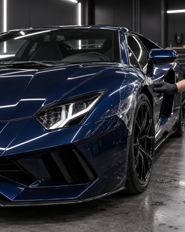 Generated visualization of a midnight blue Aventador with clear PPF being installed on its front fender