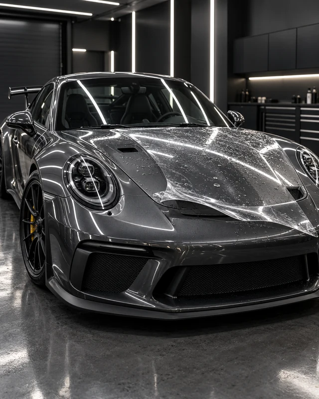 Generated visualization of a graphite sports car with transparent glossy PPF being installed on its hood