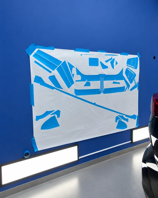 Retouched workshop photograph: blue protective-cap cut patterns on white backing, view 2