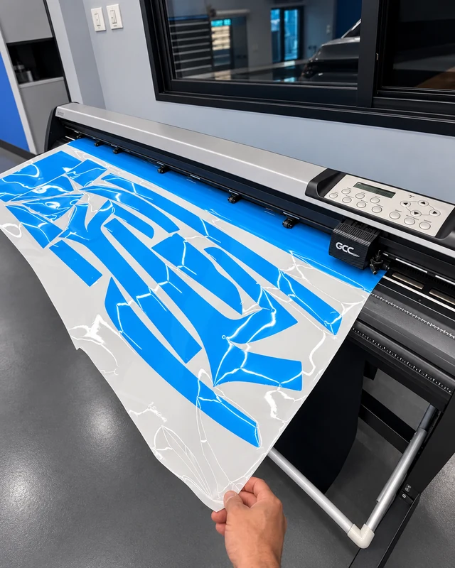 Retouched workshop photograph of TRACE blue protective-cap cut patterns feeding through a cutting plotter